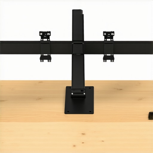 Under-desk monitor arm reinforcement plate and organized cabling Close-up of a steel reinforcement plate stabilizing a monitor mount clamp under a wooden desk.
