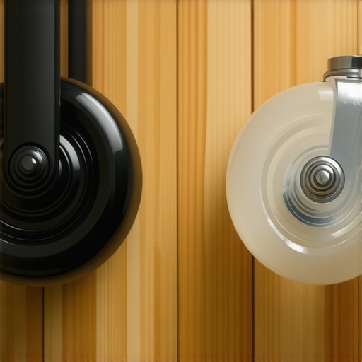 Upgrading standard casters to polyurethane blade rollers A side-by-side comparison of a standard plastic office chair caster and a smooth-gliding roller blade wheel on hardwood.
