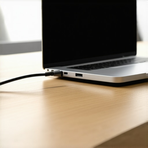 A close-up of a USB-C extender cable plugged into a laptop to prevent physical wear from a heavy docking station.