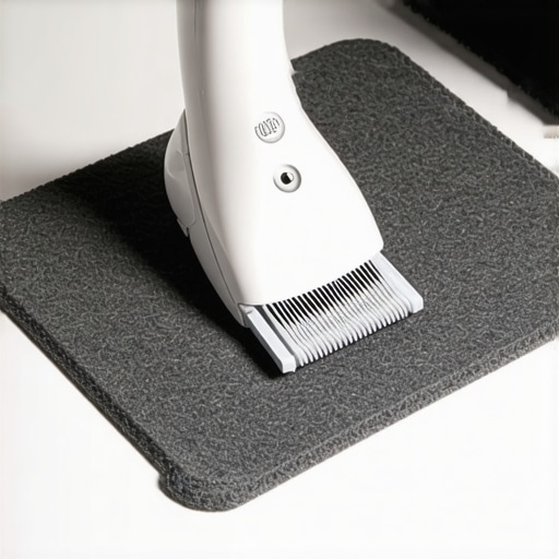 Electric fabric shaver removing fuzz and pilling from a grey felt desk mat.