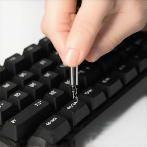 Close-up of a wire keycap puller removing a mechanical keyboard key on a desk setup