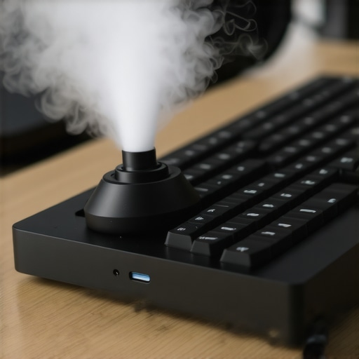 Using an electric duster for desk maintenance Close-up of cleaning a USB-C dock and keyboard with an electric duster