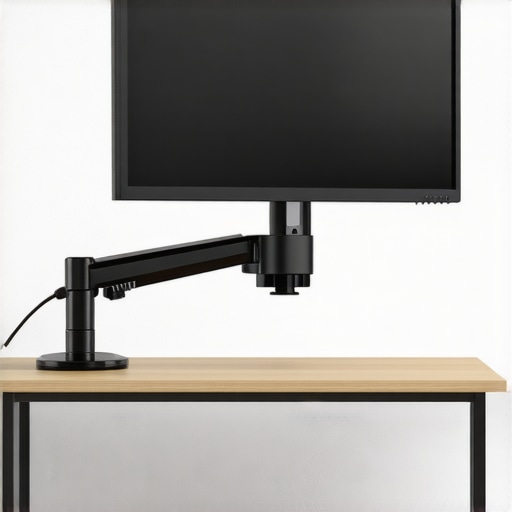 VESA Mount Cable Management Close-up Close-up of a VESA monitor mount and cable management on a desk arm