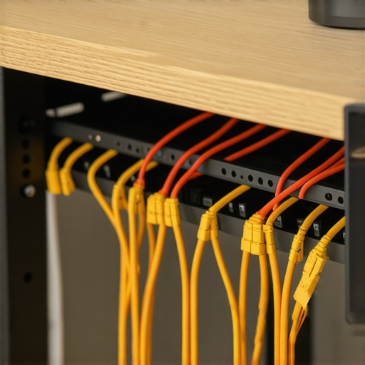 Ventilated Cable Management Under Desk Neatly organized cable tray with suspended power bricks for optimal ventilation under an office desk