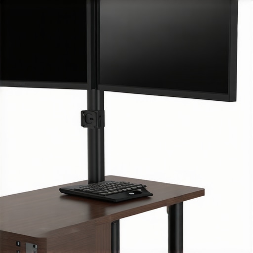 Vertical Dual Monitor Mounting Technique A vertical dual monitor setup on a compact desk showing proper mounting and tilt.