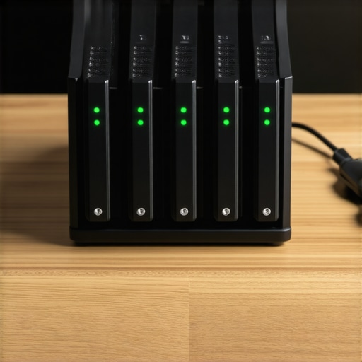 A vertical hard drive rack on a clean desk setup showing optimized airflow for external drives.