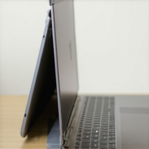Close up of a laptop in a vertical stand illustrating potential airflow restrictions.