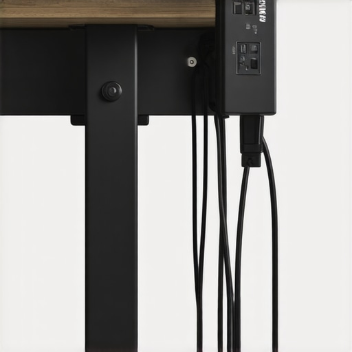 Close-up of a power strip attached to a desk leg with clean cable management.