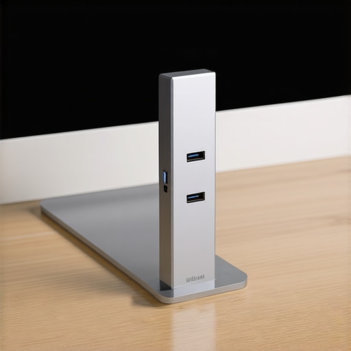 Vertical USB-C Hub Mounting for Better Cooling An aluminum USB-C hub placed vertically in a stand to improve airflow and reduce overheating.