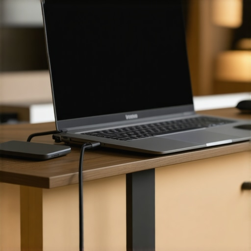Vertical laptop stand with dock for heat management A laptop on a vertical stand connected to a dock to improve airflow and prevent overheating.