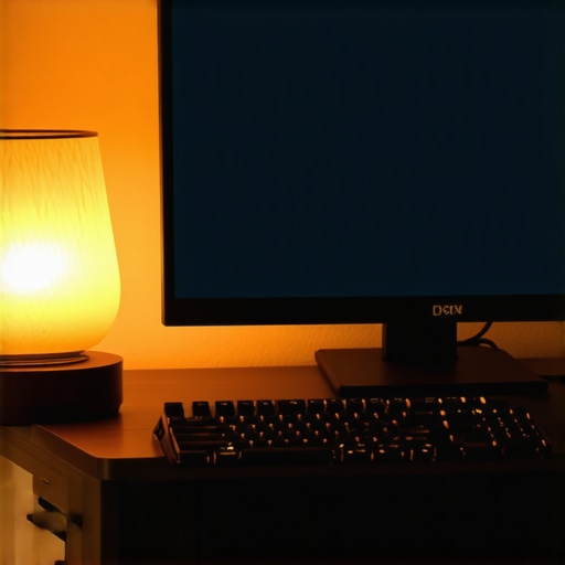 Warm Evening Desk Lighting Setup A cozy late-night workspace featuring a monitor light bar and warm ambient lighting to reduce eye strain