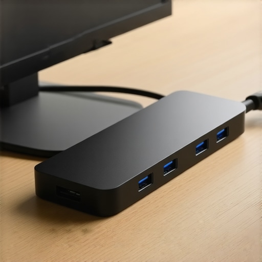 Wireless Dongle and High Speed Cable Interference A close-up of a USB-C dock showing potential signal interference between a wireless receiver and a monitor cable.