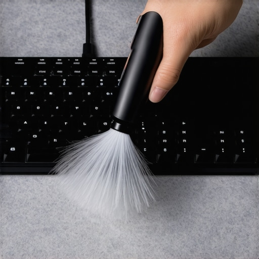 A person cleaning a mechanical keyboard on a desk mat using a specialized electronic duster tool.