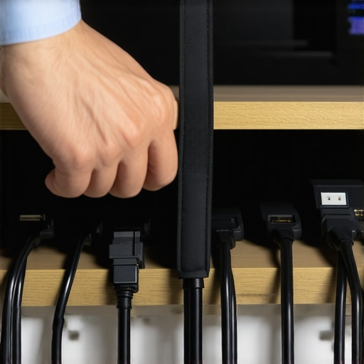 Zipping up cables for a cleaner desk A hand zipping a cable management sleeve under a desk