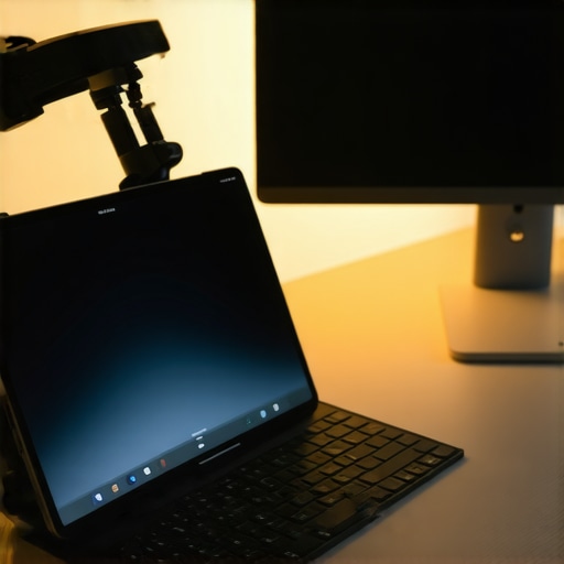 A professional desk setup showing an iPad Pro used as a second monitor with a magnetic arm mount.